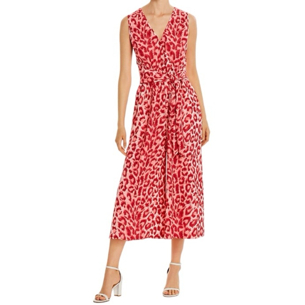 KATE SPADE New York Leopard Print Tie Waist Cropped Sleeveless Jumpsuit, Coral